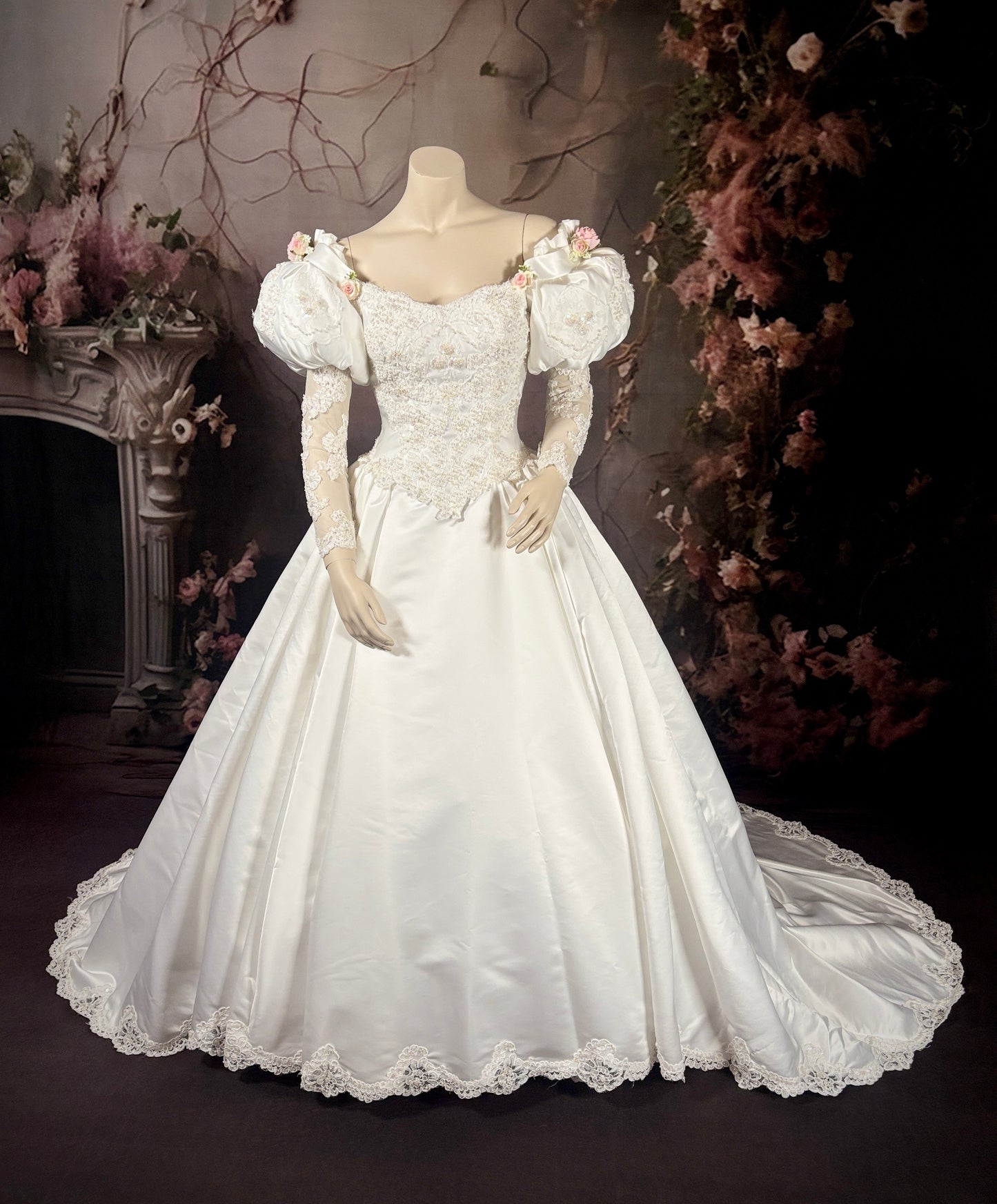 1980's Rose Princess Satin & Lace Wedding Dress w/Juliet Puff Sleeves & Chapel Train