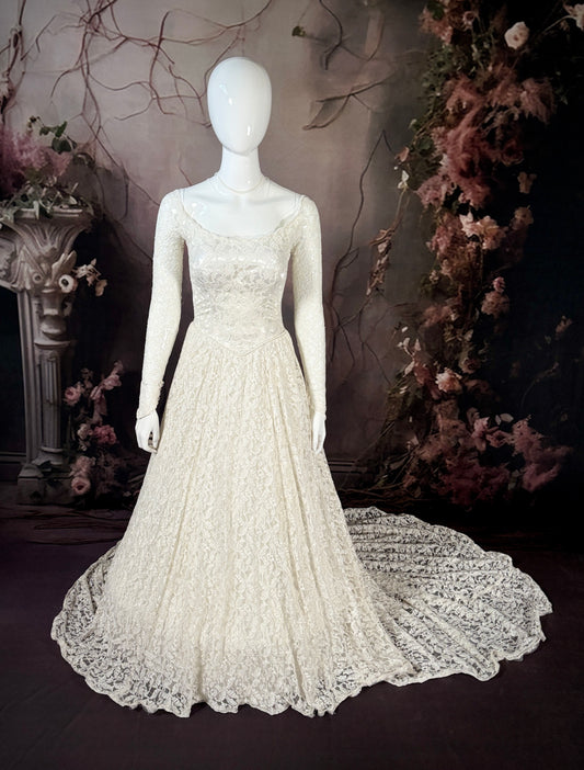 1950s Needlepoint Lace & Liquid Satin Wedding Dress w/Chapel Train