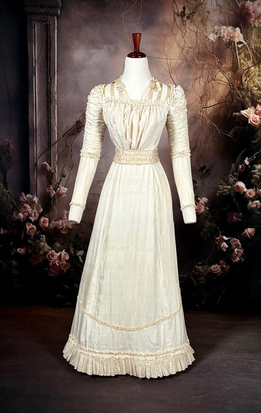 1880s Victorian Silk Wedding Dress W/Brush Train
