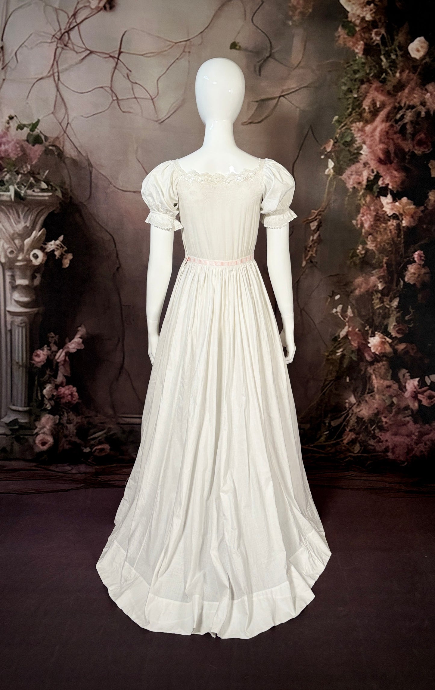 1850s Cotton Batiste Slip Dress w/Puff Sleeves, Pink Silk Ribbon & Brush Train