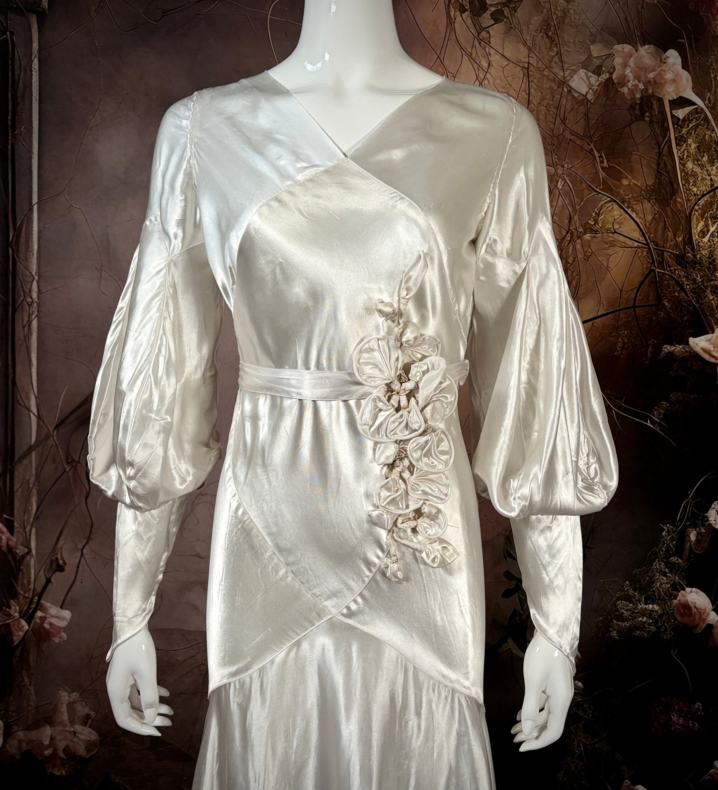 1930's Candlelight Satin Bias Cut Wedding Dress w/Bishop Sleeves