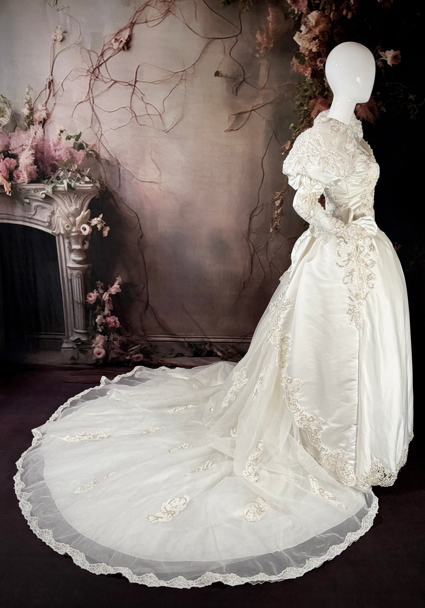 1980s Duchess Satin Wedding Dress  w/Juliet Puff Sleeves & Chapel Train